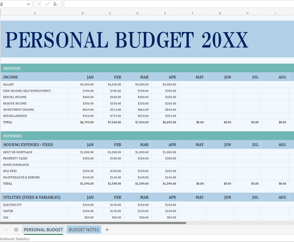 Personal Budget Excel Template – Track Income, Expenses, Savings & Goals for the Entire Year