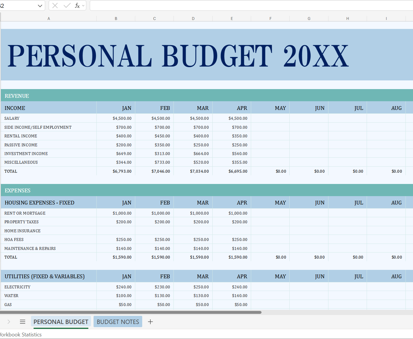 Personal Budget Excel Template – Track Income, Expenses, Savings & Goals for the Entire Year